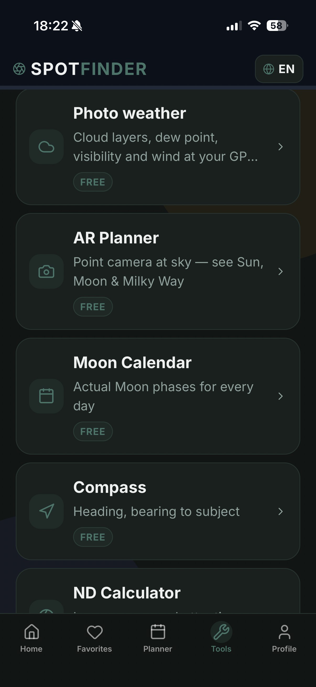 Current SpotFinder Photo weather tools in English