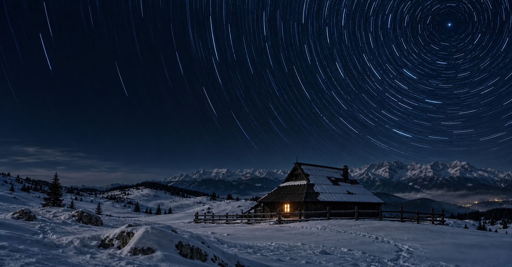 Star trails above a dark mountain landscape